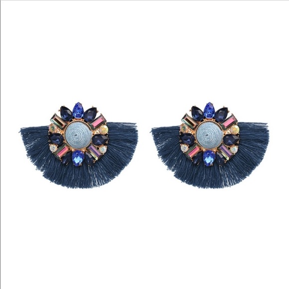 Atelier Sona Jewelry - Crystal Studded Fringe Fan Earrings in Blue